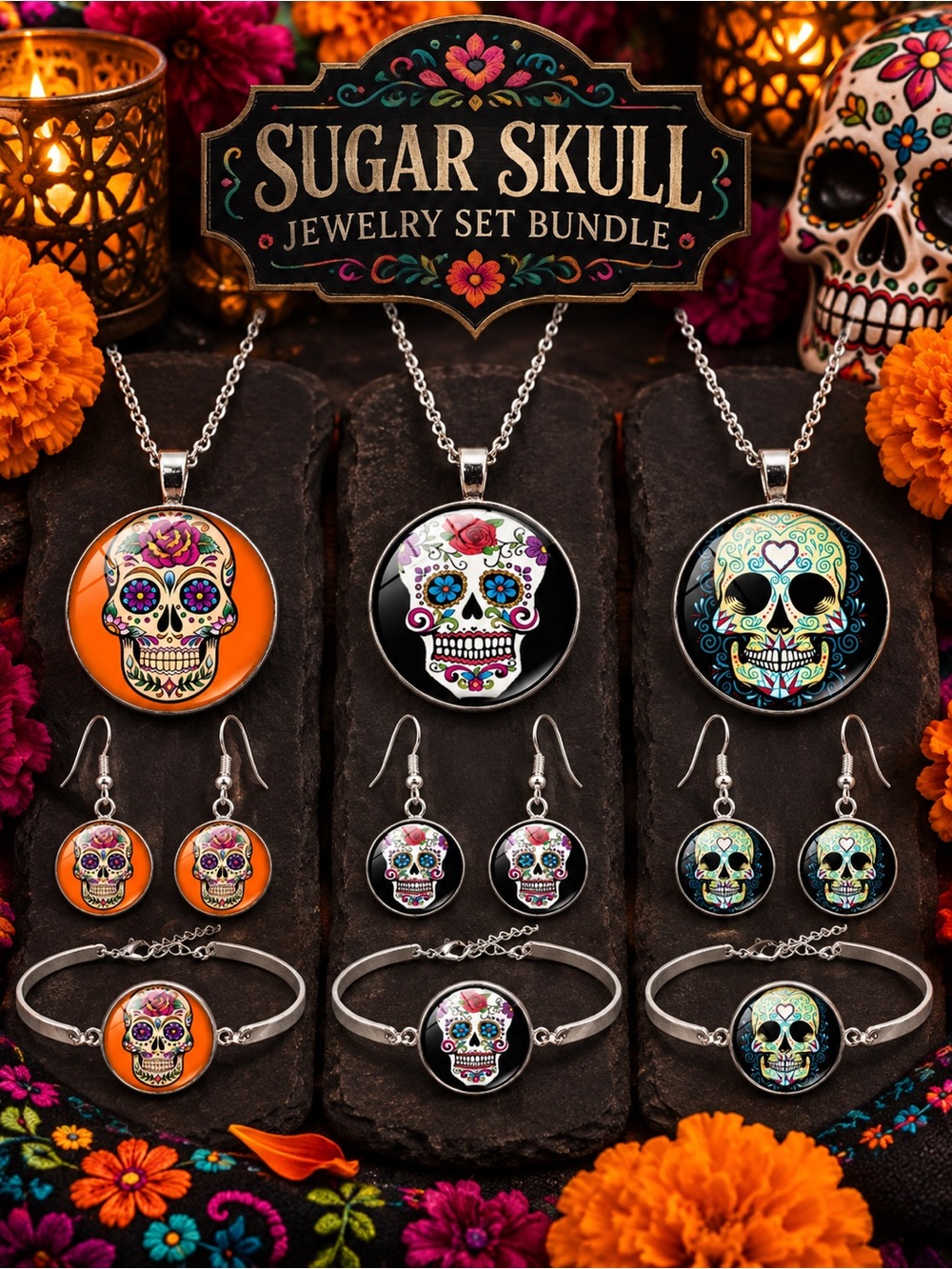 3 Sugar Skull Jewelry Sets Bundle • Free Shipping • Each Set Includes Dust Bag